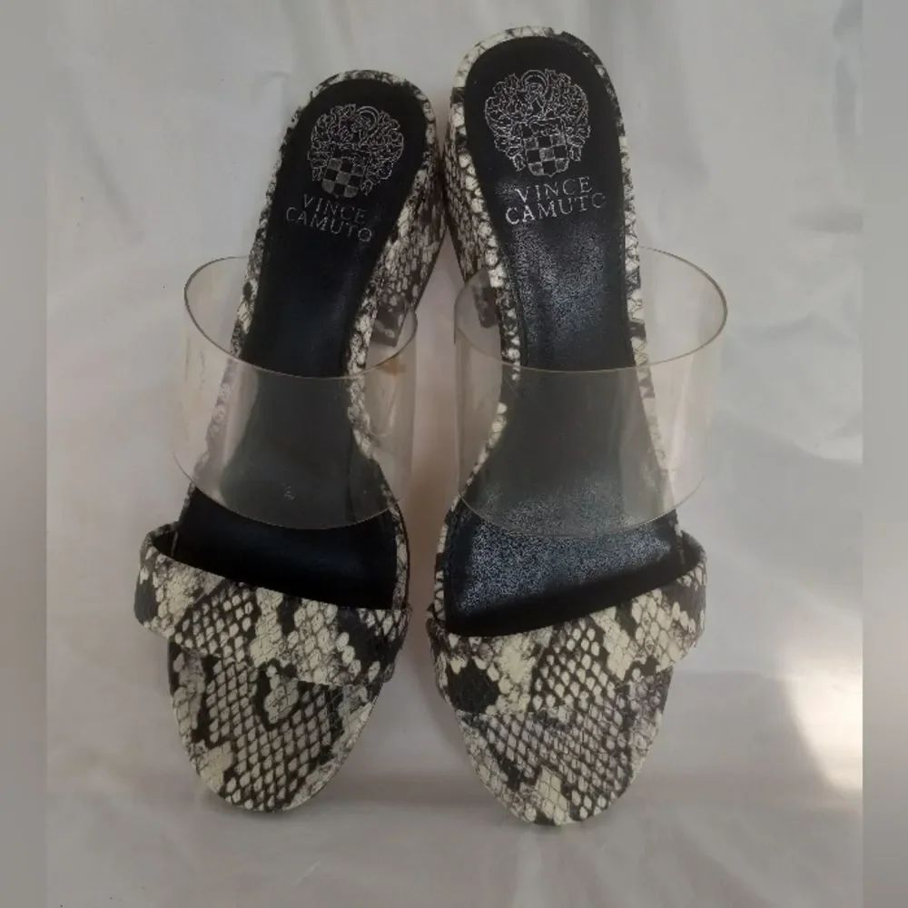 Vince Camuto Black White Sneake & Clear Strap Caveera Slide Sandal Sz 8.5